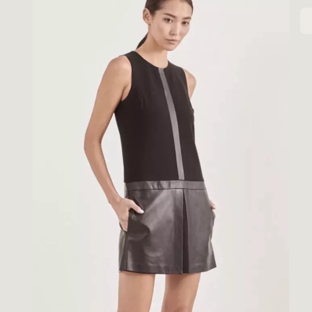 THEORY Black Haddie C Drop Waist  Lambskin Dress